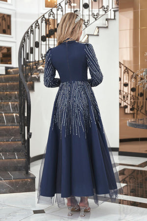 Anna Midi Taşlı Tesettür Abiye Lacivert - FioraofDress - tesettur - abiye - 44 - hijab - evening - dress