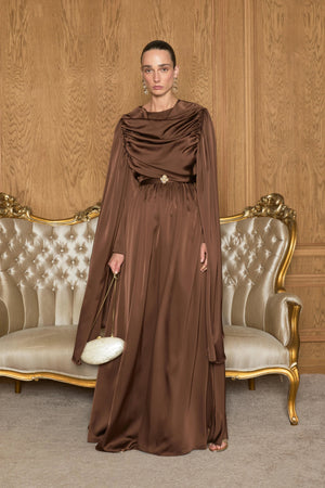 Evelyn Kol Pelerinli Saten Tesettür Elbise - FioraofDress - tesettur - abiye - Kahve - 36 - hijab - evening - dress