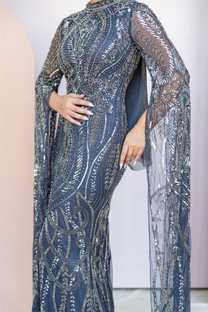 Handmade Embroidered AH1022 - FioraofDress - tesettur - abiye - 48 - antrasitt - hijab - evening - dress