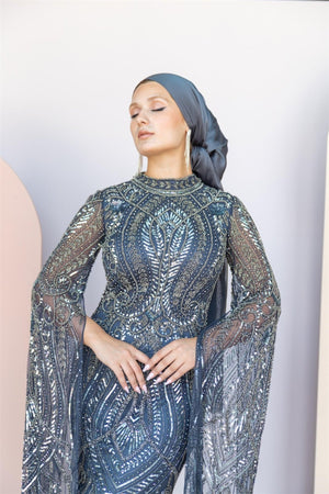 Handmade Embroidered AH1022 - FioraofDress - tesettur - abiye - 48 - antrasitt - hijab - evening - dress