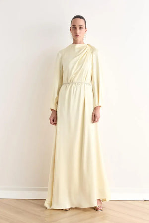 Juan Pileli Kemerli Saten Tesettür Elbise.