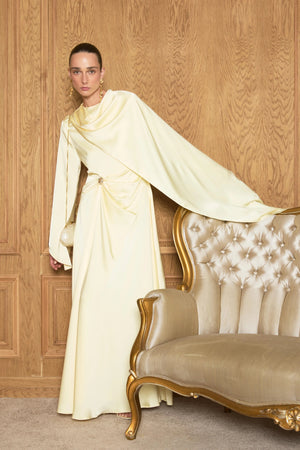 İsalle Bel Pileli Broşlu Tesettür Elbise - FioraofDress - tesettur - abiye - Sarı - 36 - hijab - evening - dress