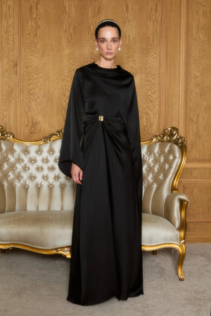 İsalle Bel Pileli Broşlu Tesettür Elbise - FioraofDress - tesettur - abiye - SİYAH - 36 - hijab - evening - dress