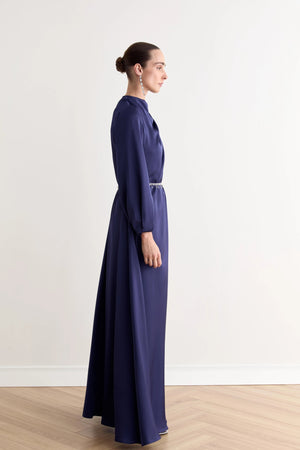 Juan Pileli Kemerli Saten Tesettür Elbise - FioraofDress - tesettur - abiye - lacivert - 36 - hijab - evening - dress