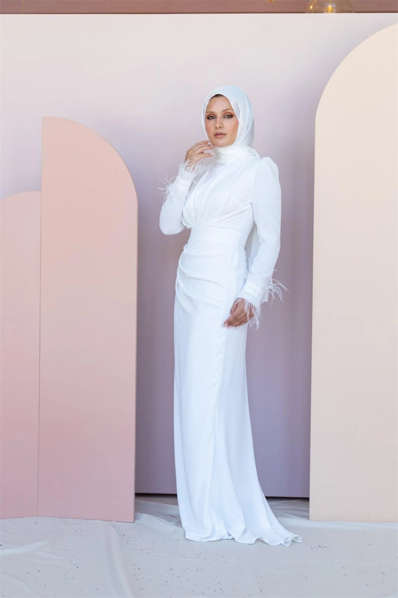 Kolları Tüylü Drapeli Tesettür Abiye - FioraofDress - tesettur - abiye - 46 - Beyaz - hijab - evening - dress