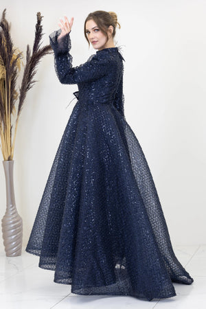 Omuz Ve Beli Çiçek Detaylı Adel Tesettür Abiye - FioraofDress - tesettur - abiye - LACİVERT - 38 - hijab - evening - dress