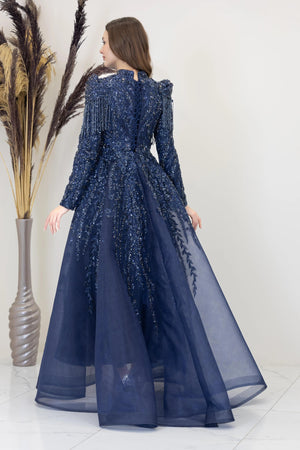 Omuzları V Drape Asel Tesettür Abiye - FioraofDress - tesettur - abiye - lacivert - 38 - hijab - evening - dress