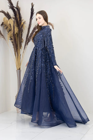 Omuzları V Drape Asel Tesettür Abiye - FioraofDress - tesettur - abiye - lacivert - 38 - hijab - evening - dress