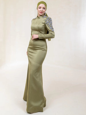 Papatya Omuz Tesettür Elbise - FioraofDress - tesettur - abiye - 44 - Yağ Yeşili - hijab - evening - dress