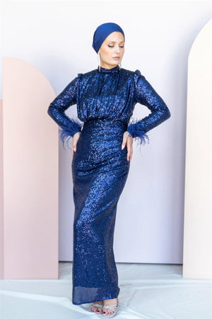 Payetli Drape Detay Tesettür Abiye - FioraofDress - tesettur - abiye - 46 - lacivert - hijab - evening - dress