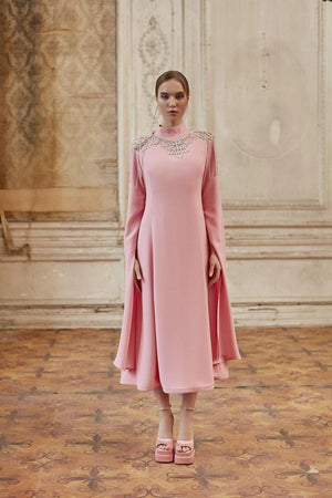 Pembe Pelerin Kol Tesettür Elbise - FioraofDress - tesettur - abiye - 44 - hijab - evening - dress