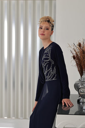 Taş Detay Şifon Zeren Tesettür Tulum Lacivert - FioraofDress - tesettur - abiye - 48 - hijab - evening - dress