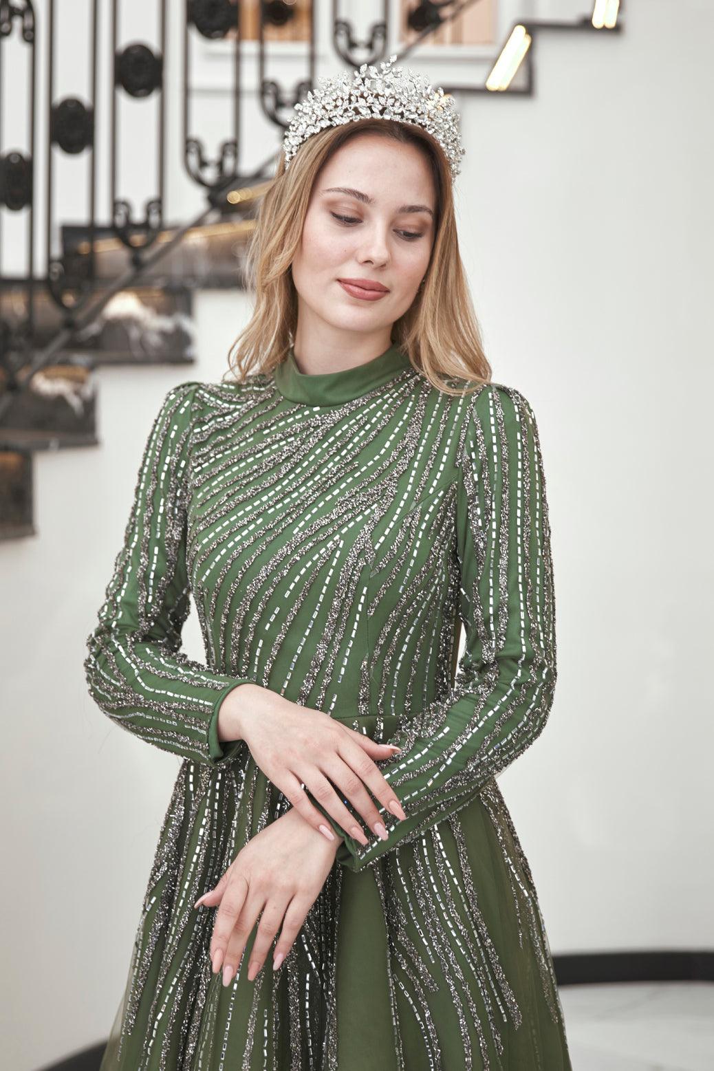 Anna Midi Taşlı Tesettür Abiye Haki - FioraofDress - tesettur - abiye - 44 - hijab - evening - dress