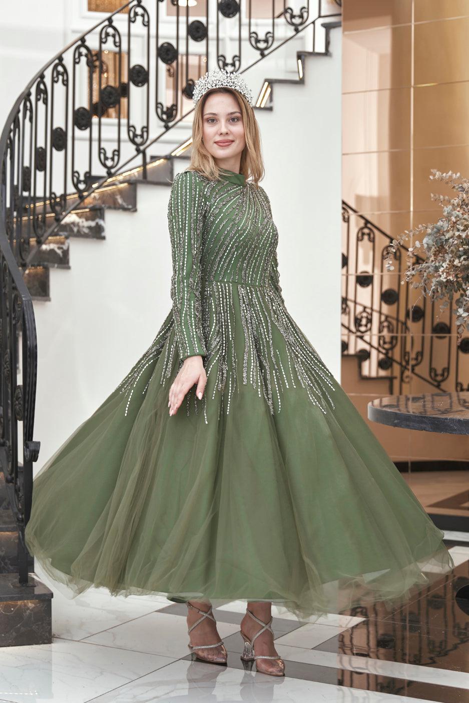 Anna Midi Taşlı Tesettür Abiye Haki - FioraofDress - tesettur - abiye - 44 - hijab - evening - dress