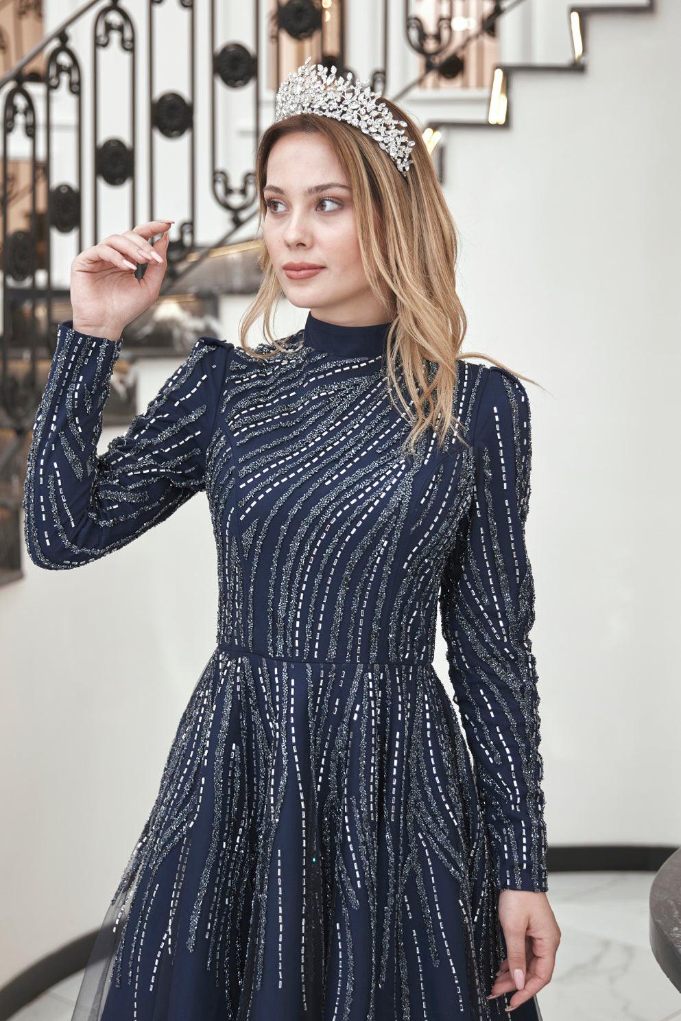 Anna Midi Taşlı Tesettür Abiye Lacivert - FioraofDress - tesettur - abiye - 44 - hijab - evening - dress