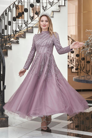 Anna Midi Taşlı Tesettür Abiye Lila - FioraofDress - tesettur - abiye - 44 - hijab - evening - dress