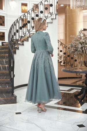 Anna Midi Taşlı Tesettür Abiye Mint - FioraofDress - tesettur - abiye - 44 - hijab - evening - dress