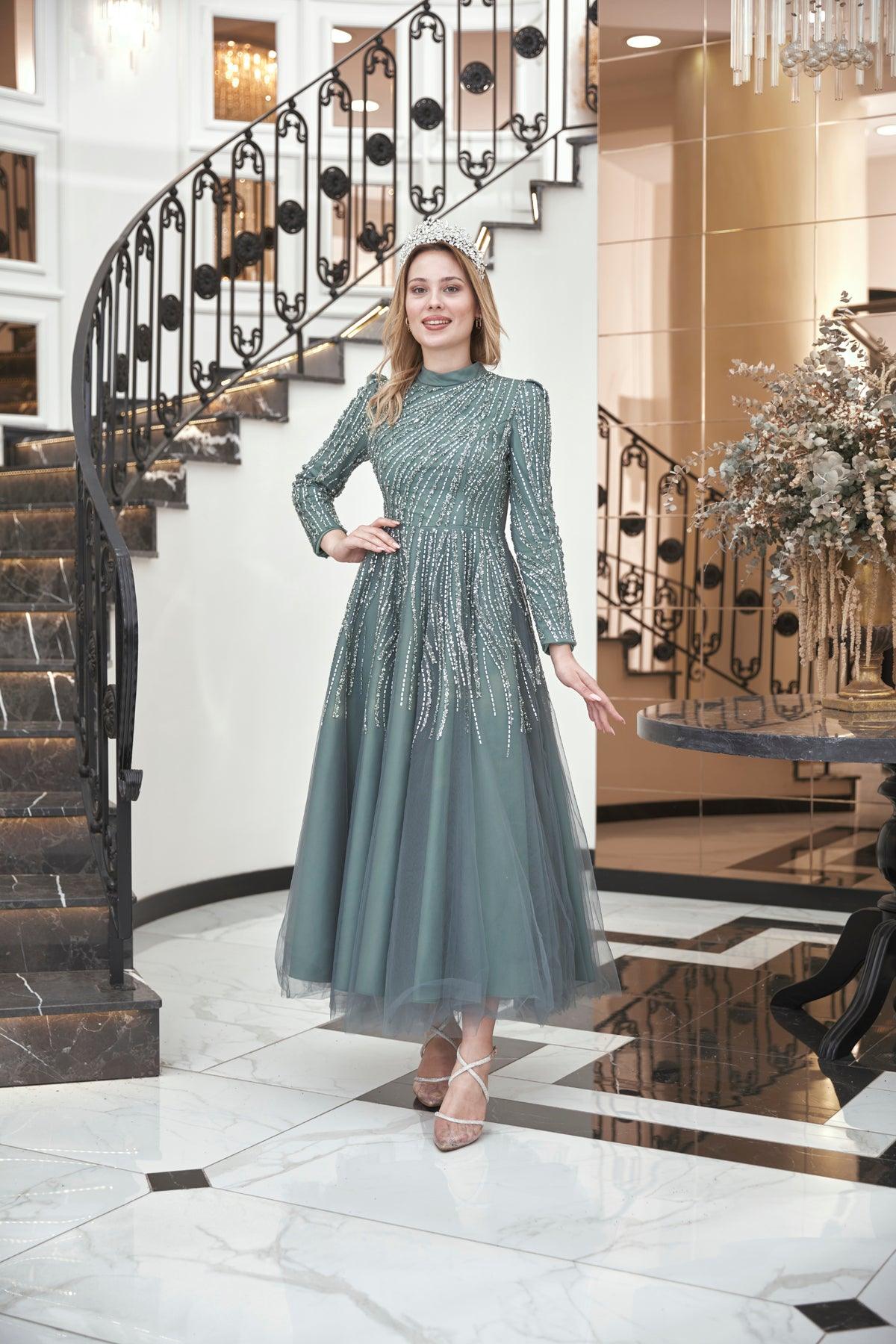 Anna Midi Taşlı Tesettür Abiye Mint - FioraofDress - tesettur - abiye - 44 - hijab - evening - dress