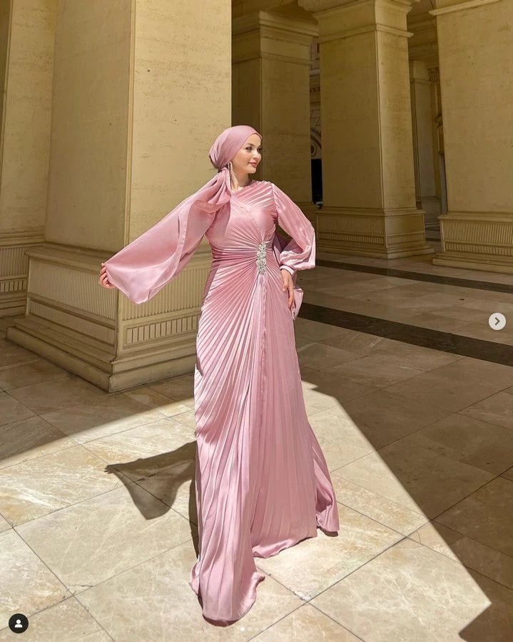Beli Taşlı Pilise Tesettür Abiye - FioraofDress - tesettur - abiye - 44 - Pudra - hijab - evening - dress