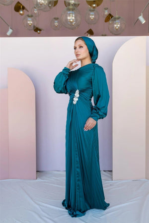 Beli Taşlı Pilise Tesettür Abiye - FioraofDress - tesettur - abiye - 44 - PETROL - hijab - evening - dress