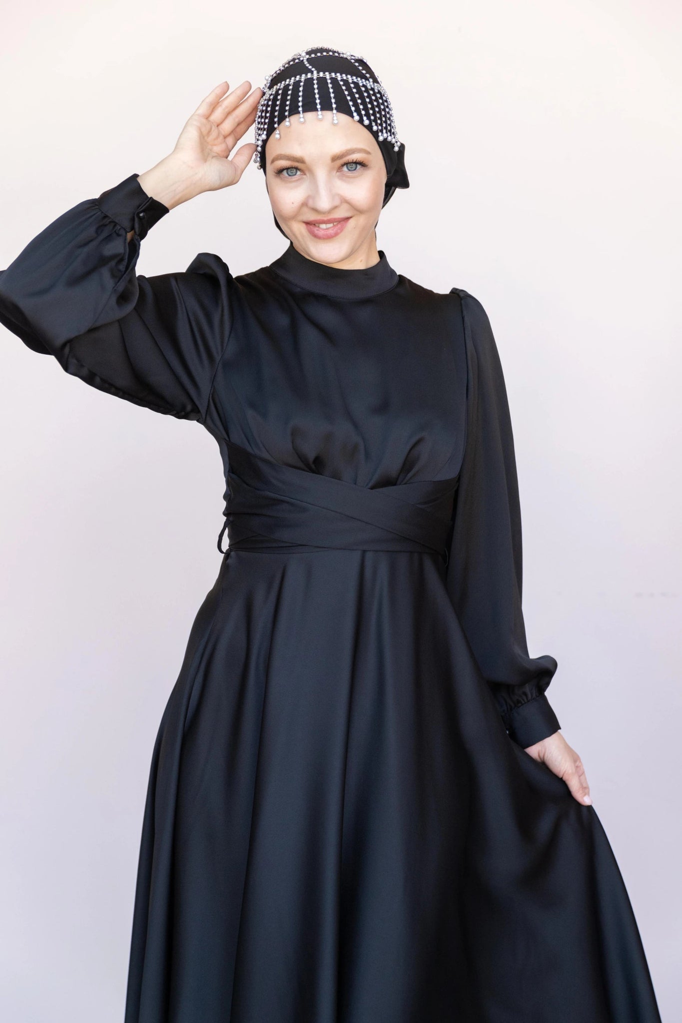 Çarpraz Saten Tesettür Abiye - FioraofDress - tesettur - abiye - 38 - SİYAH - hijab - evening - dress