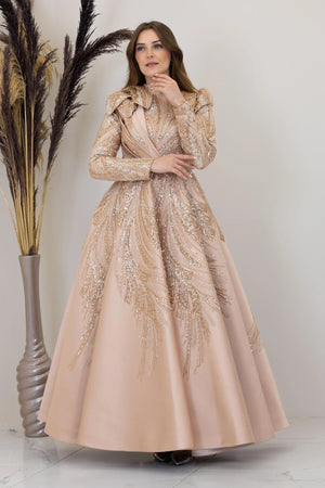 Çiçek Detaylı Larin Tesettür Abiye - FioraofDress - tesettur - abiye - GOLD - 38 - hijab - evening - dress
