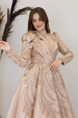 Çiçek Detaylı Larin Tesettür Abiye - FioraofDress - tesettur - abiye - GOLD - 38 - hijab - evening - dress