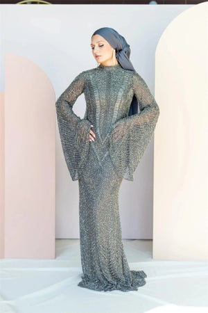 Handmade Embroidered AH1011 - FioraofDress - tesettur - abiye - 48 - gri - hijab - evening - dress