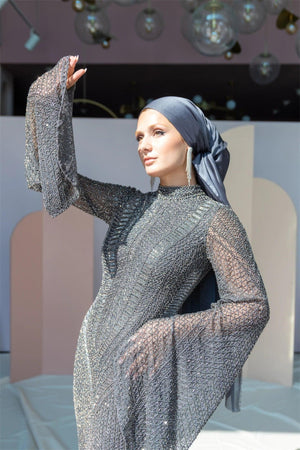 Handmade Embroidered AH1011 - FioraofDress - tesettur - abiye - 48 - gri - hijab - evening - dress