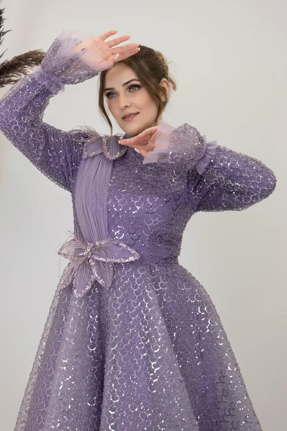 Omuz Ve Beli Çiçek Detaylı Adel Tesettür Abiye.