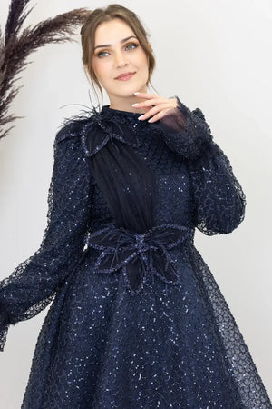 Omuz Ve Beli Çiçek Detaylı Adel Tesettür Abiye.