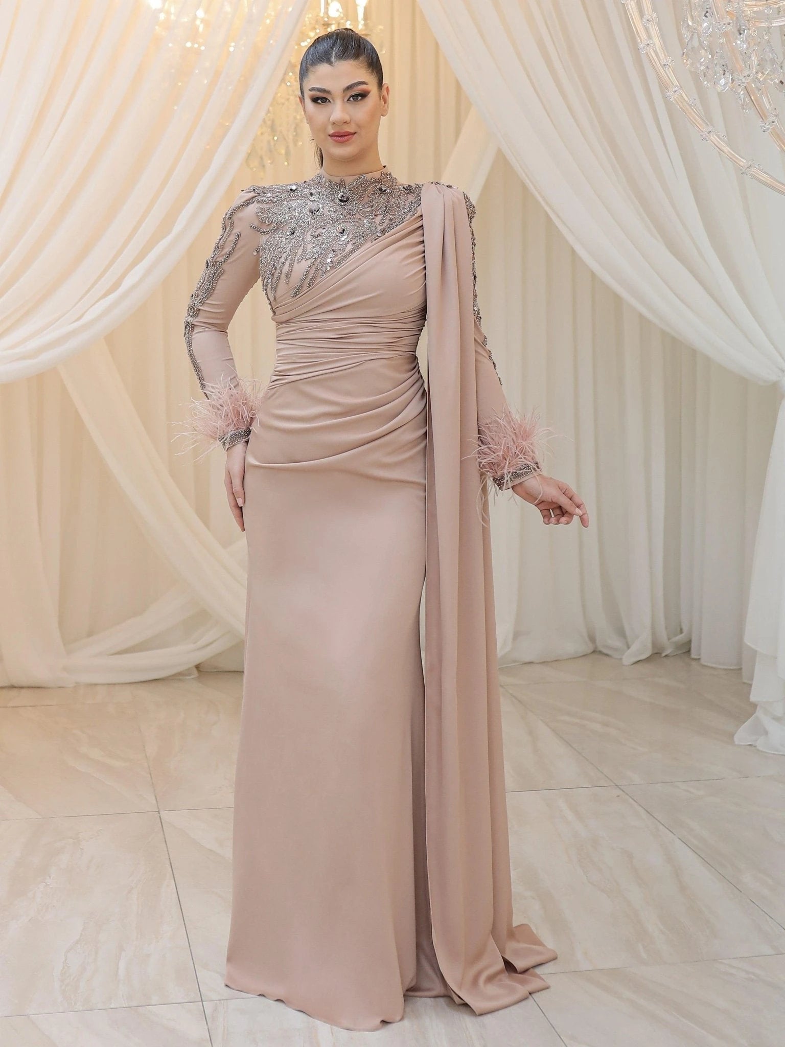 Melina Tesettür Abiye - FioraofDress - tesettur - abiye - 48 - nude - hijab - evening - dress
