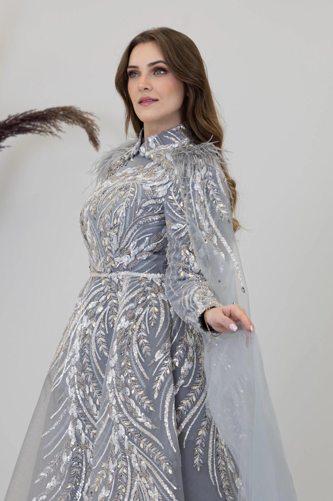 Önü Aplik İşleme Pelerinli Kayra Tesettür Abiye - FioraofDress - tesettur - abiye - GRİ - 38 - hijab - evening - dress