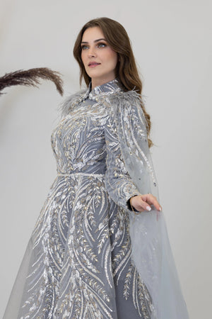 Önü Aplik İşleme Pelerinli Kayra Tesettür Abiye - FioraofDress - tesettur - abiye - GRİ - 38 - hijab - evening - dress