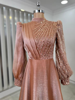 Organze Boncuklu Dantel İşlemeli Güneş Tesettür Abiye Rose - FioraofDress - tesettur - abiye - 44 - hijab - evening - dress