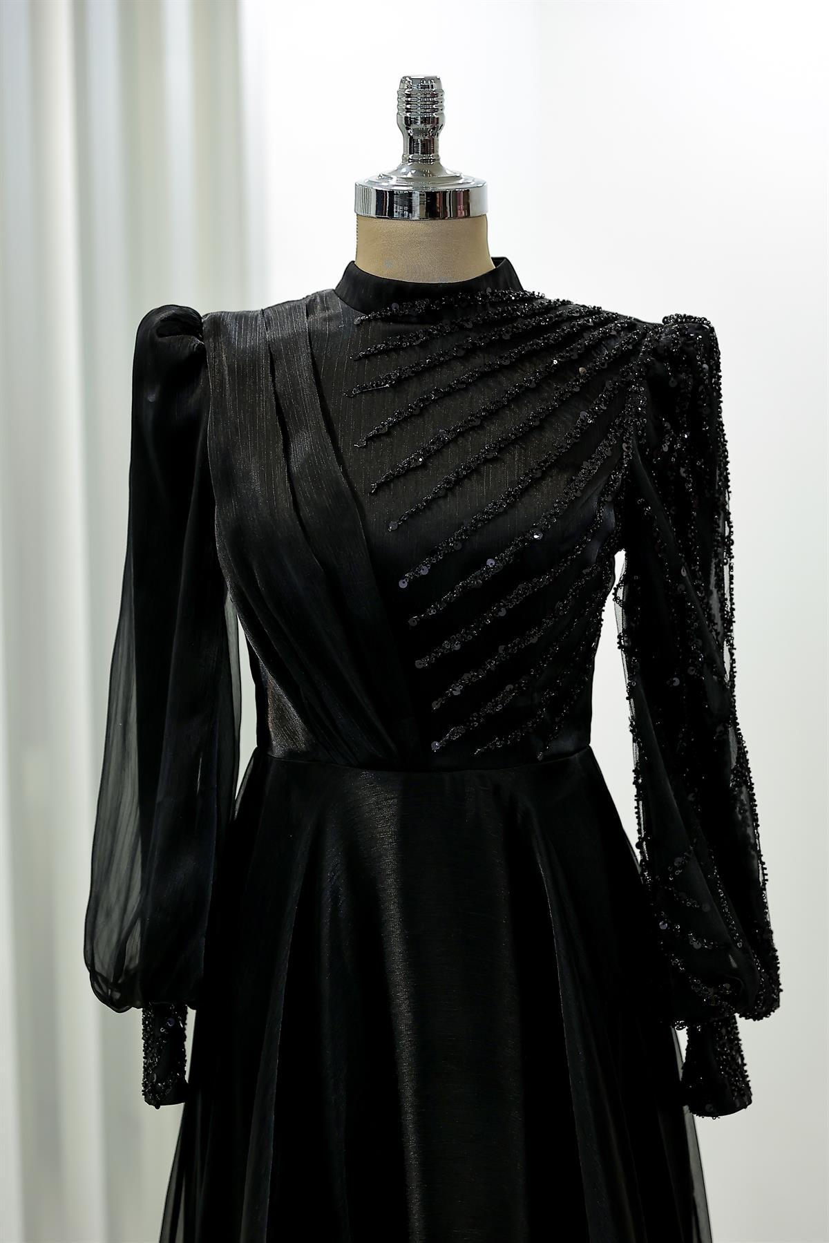 Organze Boncuklu Dantel İşlemeli Güneş Tesettür Abiye Siyah - FioraofDress - tesettur - abiye - 44 - hijab - evening - dress