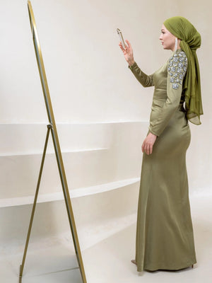 Papatya Omuz Tesettür Elbise - FioraofDress - tesettur - abiye - 44 - Yağ Yeşili - hijab - evening - dress