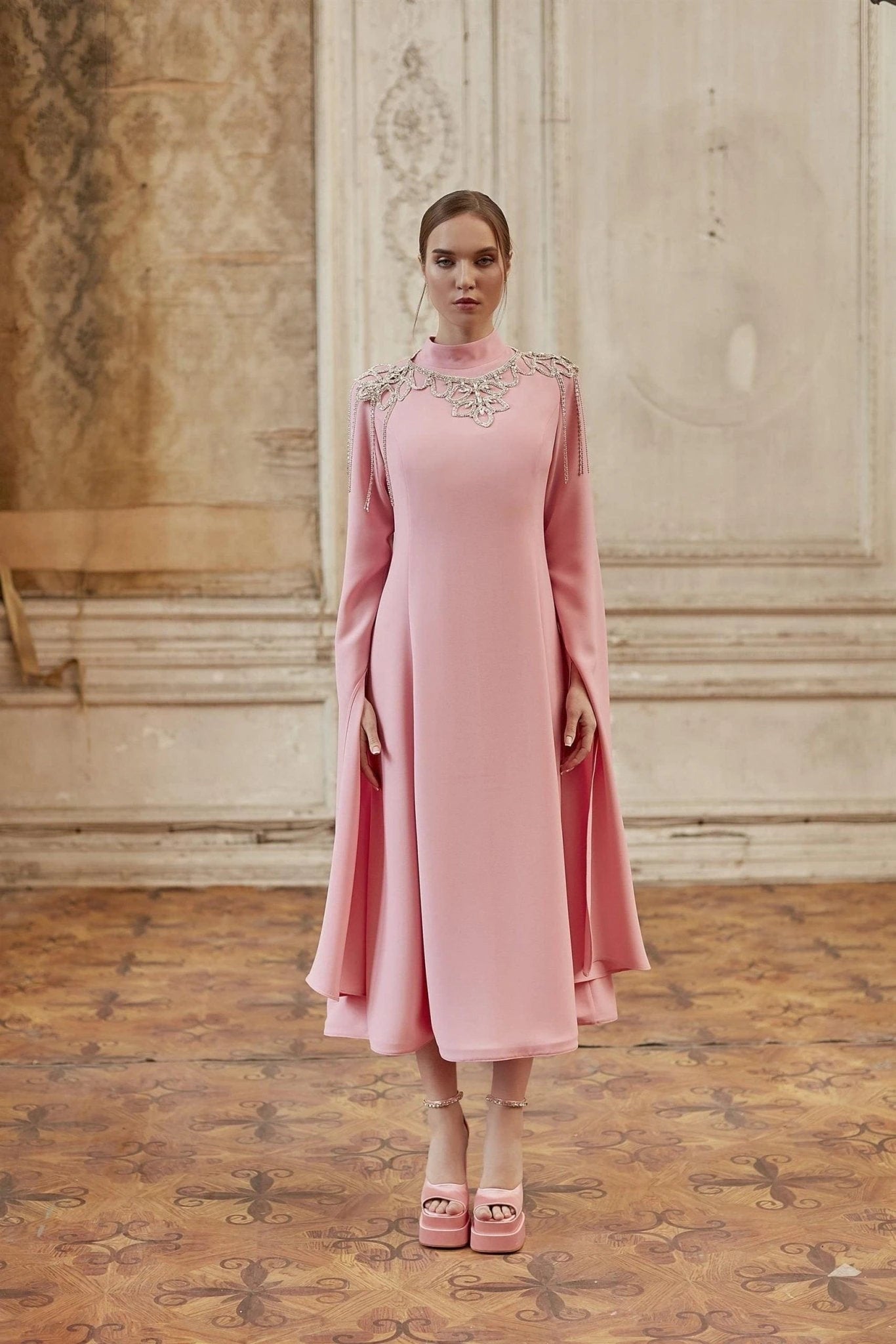 Pembe Pelerin Kol Tesettür Elbise - FioraofDress - tesettur - abiye - 44 - hijab - evening - dress