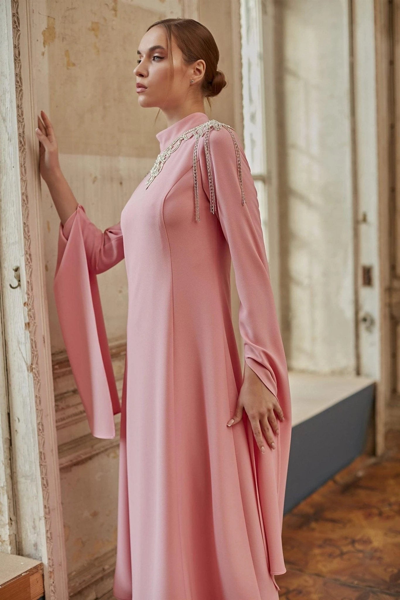 Pembe Pelerin Kol Tesettür Elbise - FioraofDress - tesettur - abiye - 44 - hijab - evening - dress