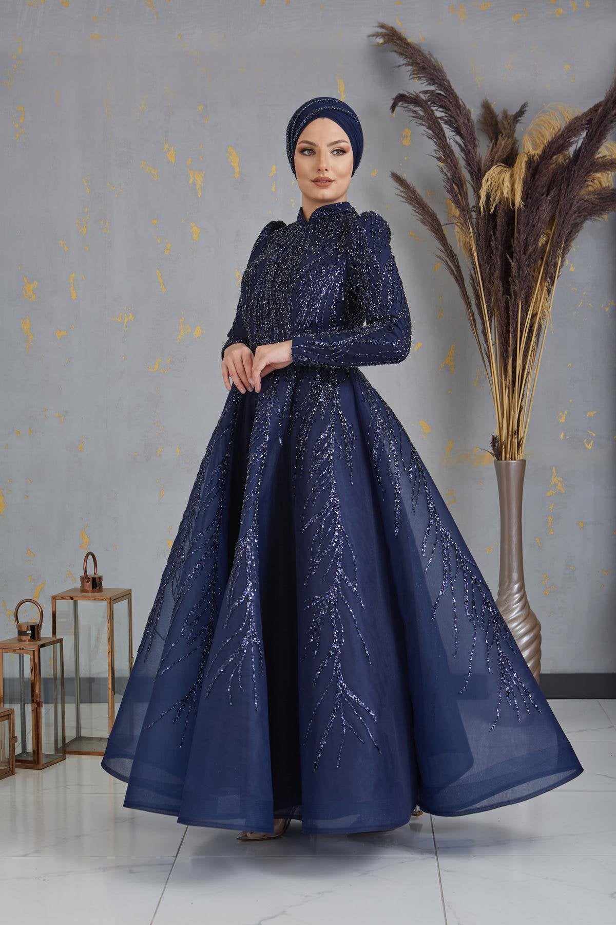 Prenses Tesettür Abiye - FioraofDress - tesettur - abiye - LACİVERT - 38 - hijab - evening - dress