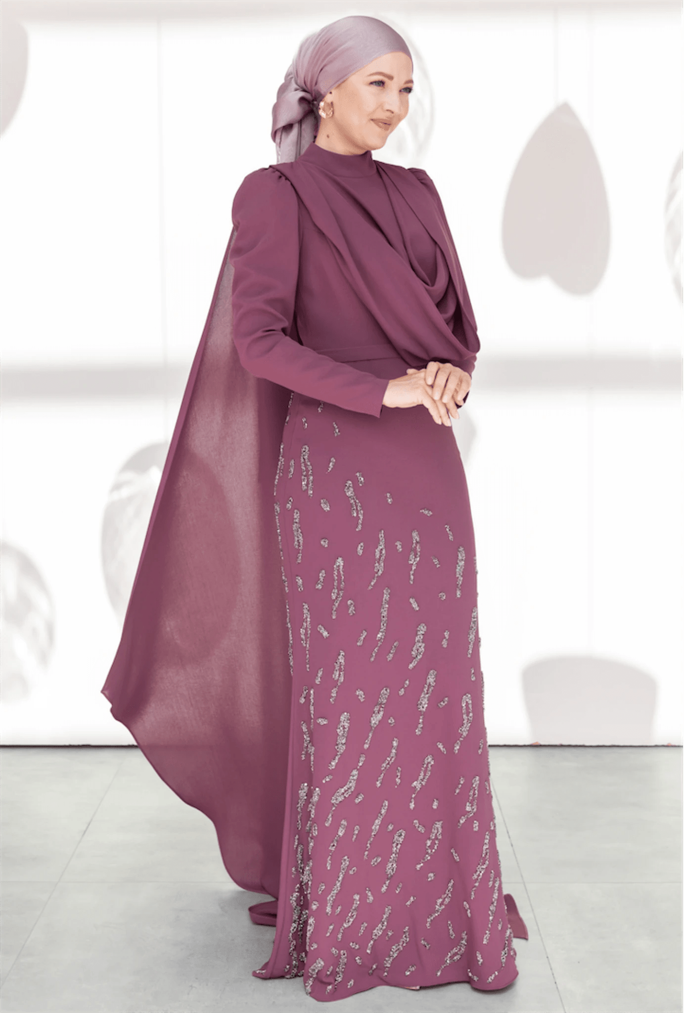 Şallı Degaje Yaka Tesettür Abiye - FioraofDress - tesettur - abiye - 44 - Mürdüm - hijab - evening - dress