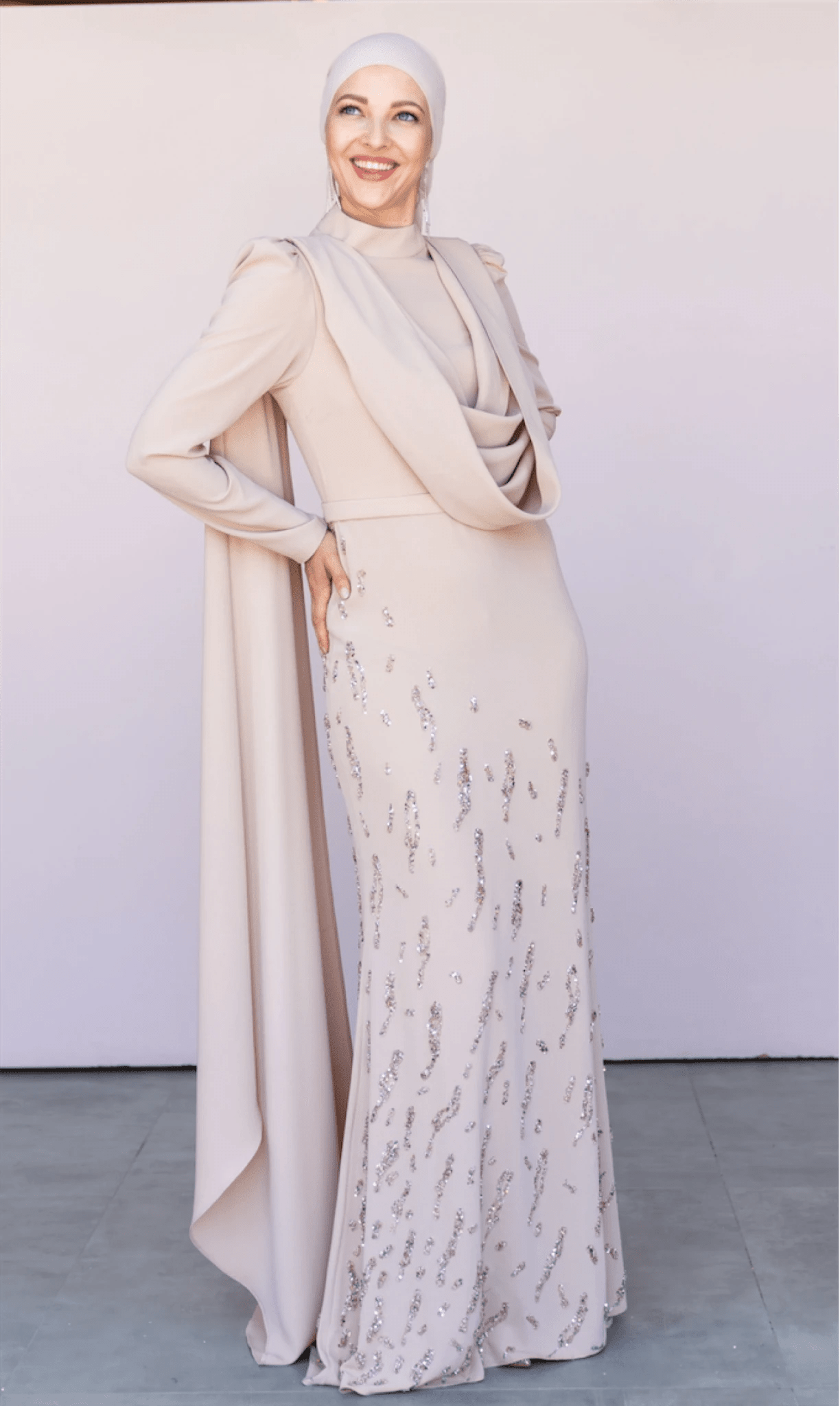 Şallı Degaje Yaka Tesettür Abiye - FioraofDress - tesettur - abiye - 44 - bejj - hijab - evening - dress