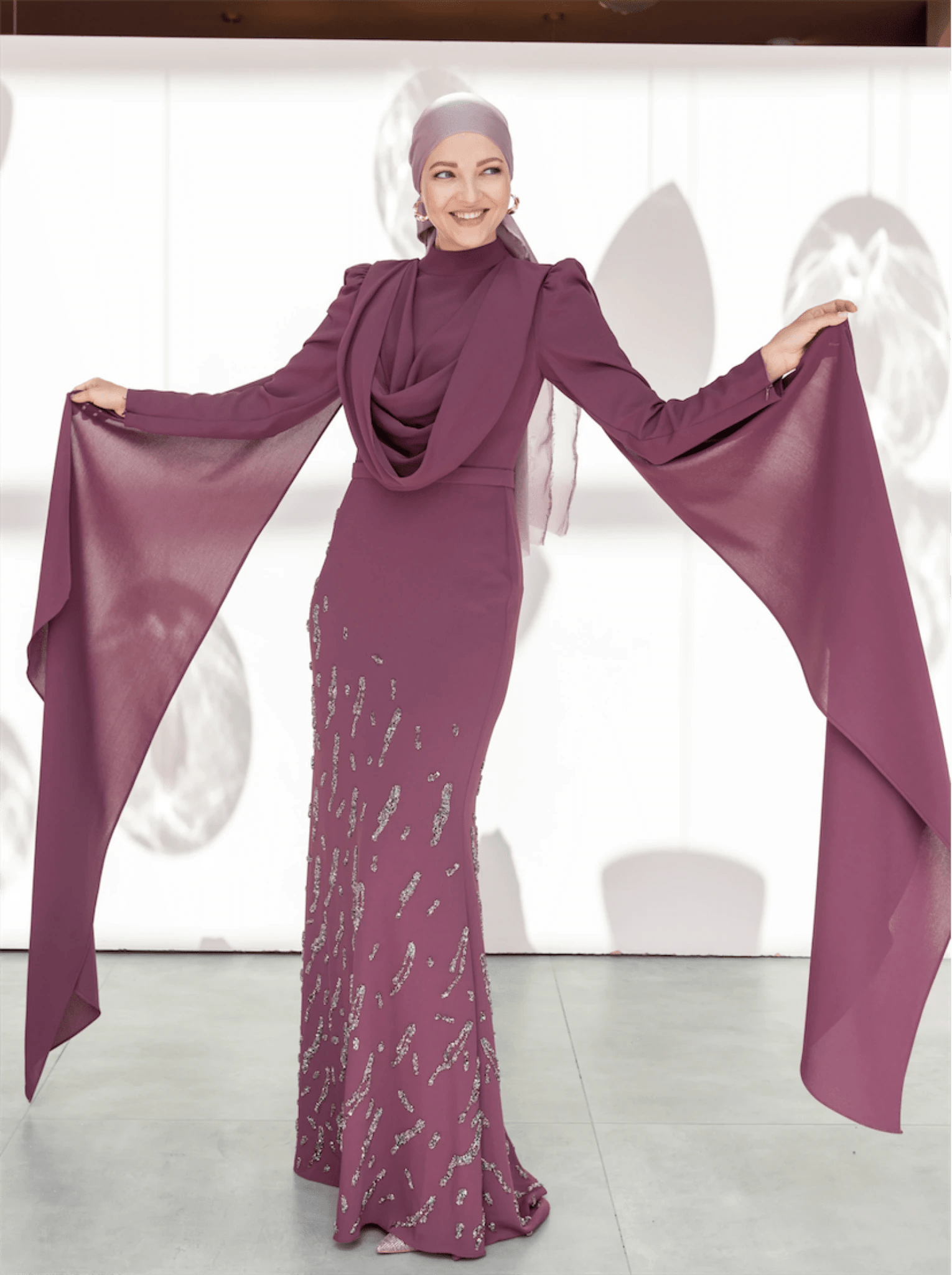 Şallı Degaje Yaka Tesettür Abiye - FioraofDress - tesettur - abiye - 44 - Mürdüm - hijab - evening - dress